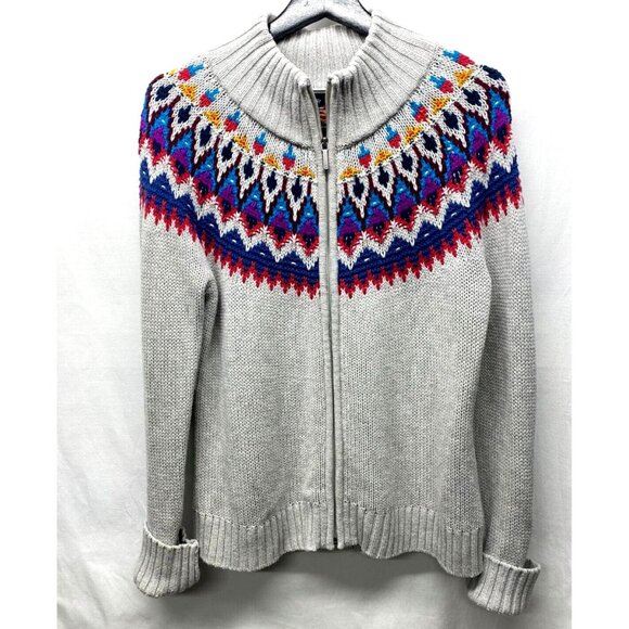 CHAPS Denim Knit Sweater Women's Gray/ Multi-Color Full Zip Nordic Fair Isle - Picture 5 of 9